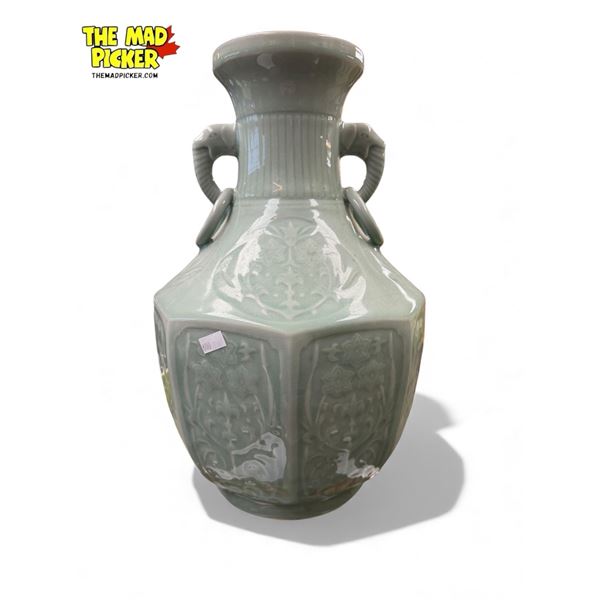 Asian Glazed Vase With Floral & Elephant Head Details