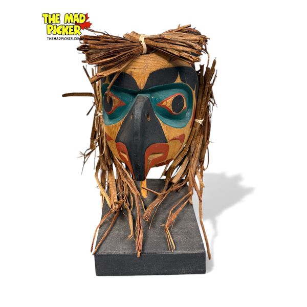 Vintage Ed Simeon Signed First Nations Artist Hand Carved & Painted Mask On Stand