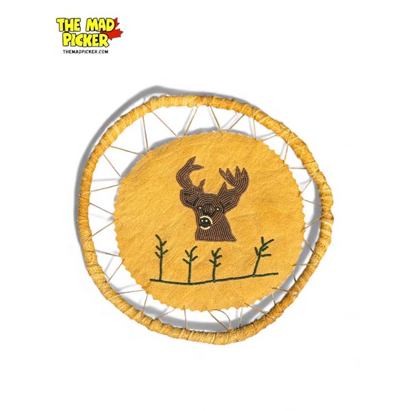 Vintage First Nations Handmade Hide Beaded Deer & Tree Wall Art