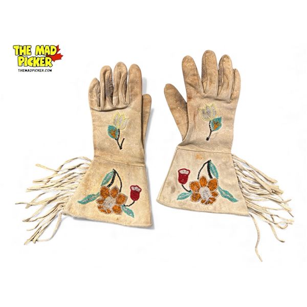 Vintage First Nations Handmade Hide Floral Beaded Gauntlets