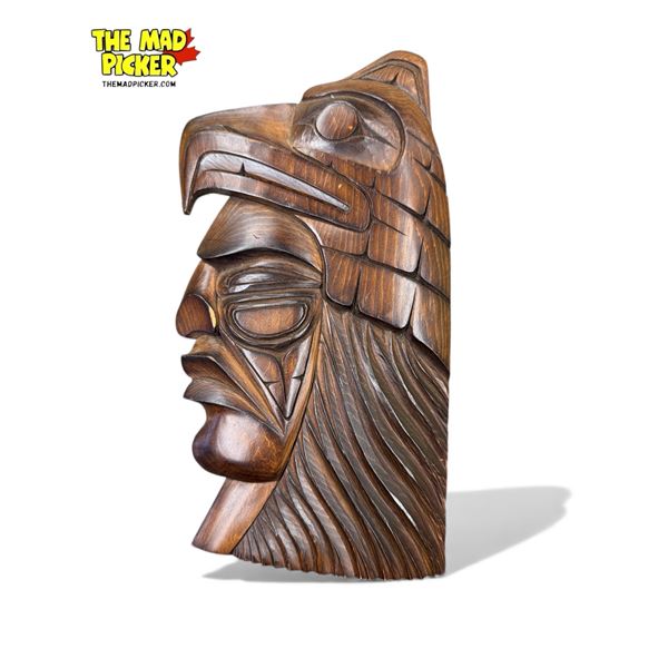 1972 Richard Campbell Signed First Nations Artist Hand Carved Plaque "Indian Warrior - Thunderbird H