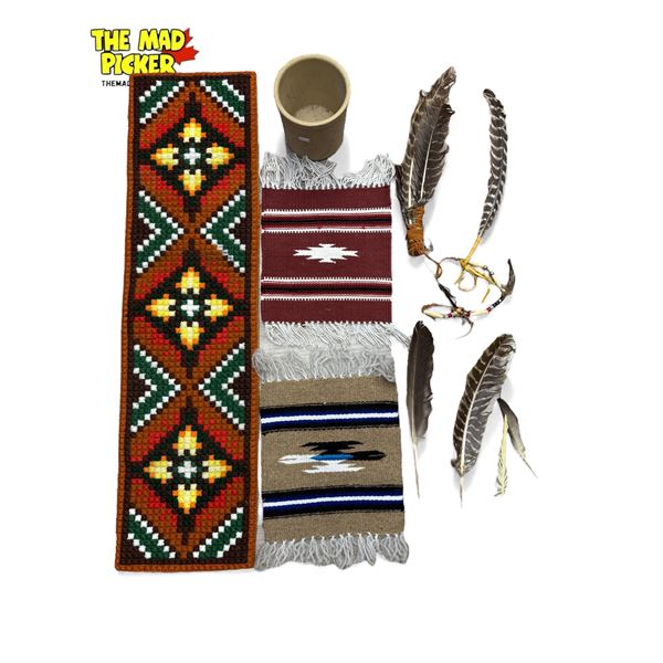 Vintage First Nations Collectibles & Pottery Vase: Feathers (1x With Bead Work) & Hand Woven Art Wor