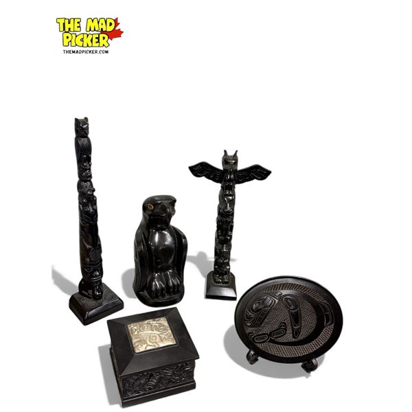 5pcs Of Resin First Nations Collectibles: Totems, Abalone Eye Eagle, Dish, & Box