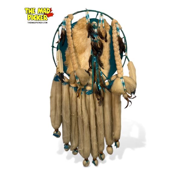 Large Vintage First Nations Handmade Dream Catcher With Feather, Fur, & Bead Work Details