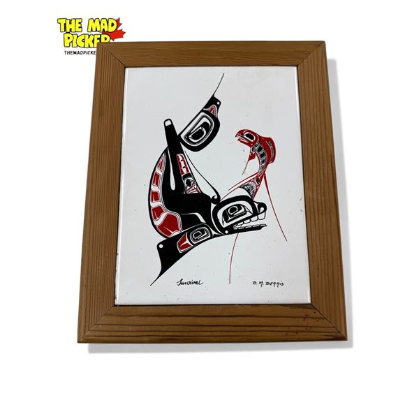 D.M. Dennis First Nations Artist Porcelain Tile Inlaid Wooden Box "Survival"