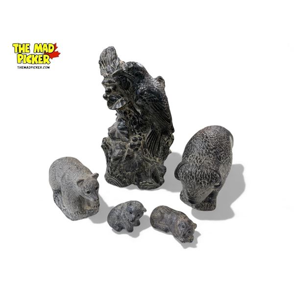 5x Hand Made Animal Figurines: Wolf & Jolin - Buffalo, Bears, & Bird On Tree