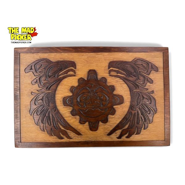 1989 J.A. Signed First Nations Artist Hand Carved Plaque - Sun & Eagles