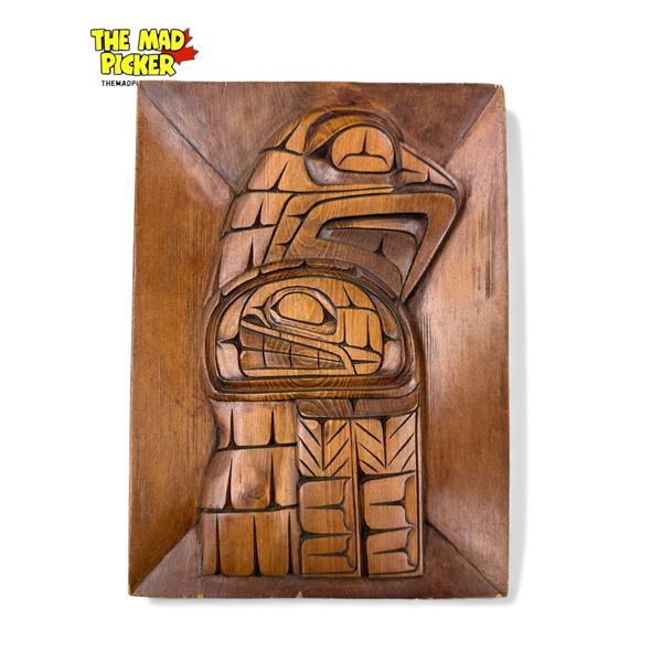 1981 Wallace Baker Signed First Nations Musqueam Tribe Hand Carved Plaque "Bald Eagle + Wild Man"