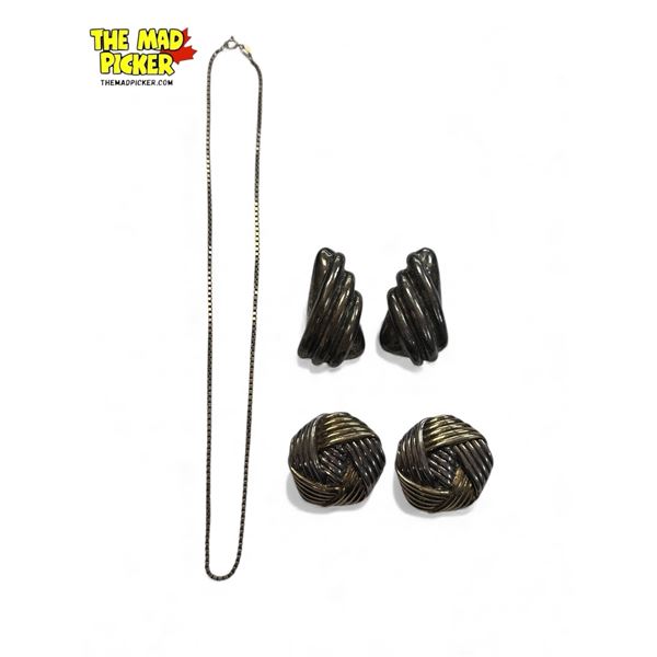 Silver Jewelry: Mexico Chunky Ribbed Style Clip On Earrings & .925 Box Link Necklace