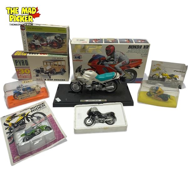 Assorted Vintage Toys: Motorcycles, Dirt Bike, Snowmobile, & Historic Cars