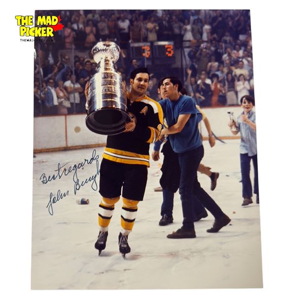 Johnny Bucyk Autographed Boston Bruins 8x10 Glossy Photo 1970 Stanley Cup Moment Moments in Time