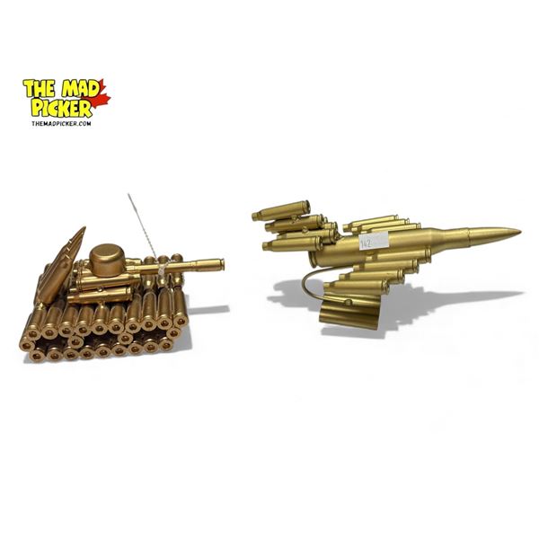 2x Faux Bullet Shell Casing Table Top Art Works: Fighter Jet & Tank