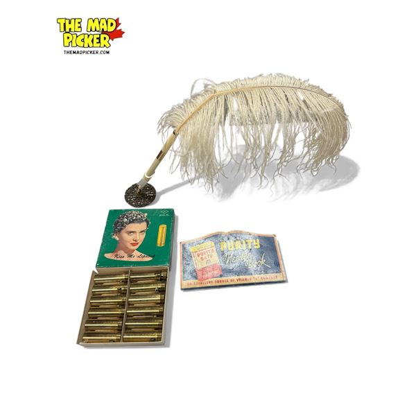Vintage Variety: Feathered Desk Pen, Purity Oaks Cardboard Advertisement Needle Book, & Kiss Me Lips