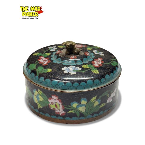 Vintage Chinese Cloisonne Round Box With Foo Dog Handled Lid