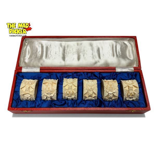 Set Of 6x Antique Carved Ivory Napkin rings With Original Box