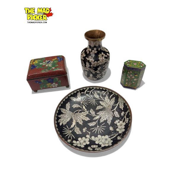 Late 19th & Early 20th Century Chinese Cloisonne: Vase, Boxes, & Plate