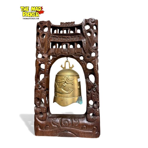 Vintage Chinese Hand Carved Wooden Frame With Brass Bell