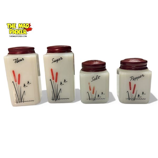4x Vintage Milk Glass Cooking Containers : Salt, Pepper, Sugar, Flour