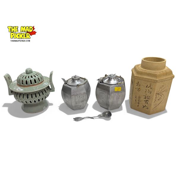 Assorted Asian Collectibles: Metal Teapots + Stir Spoon, Porcelain Incense Burner, & Pottery Vase