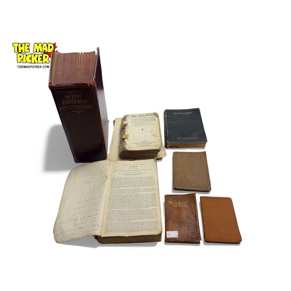 Assorted Vintage Books: School Of Poetry, The New Testament, New English Dictionary, & More