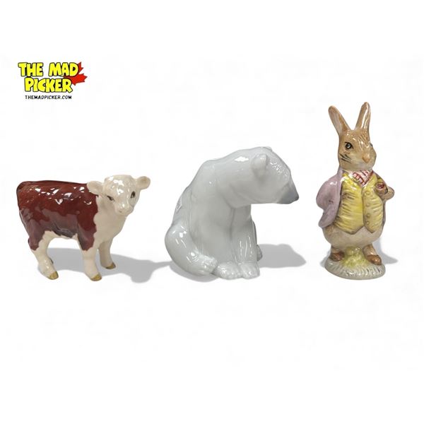 3x Porcelain Collectibles: Beswick Cow, Lladro Polar Bear, & Royal Albert Mr. Benjamin Bunny