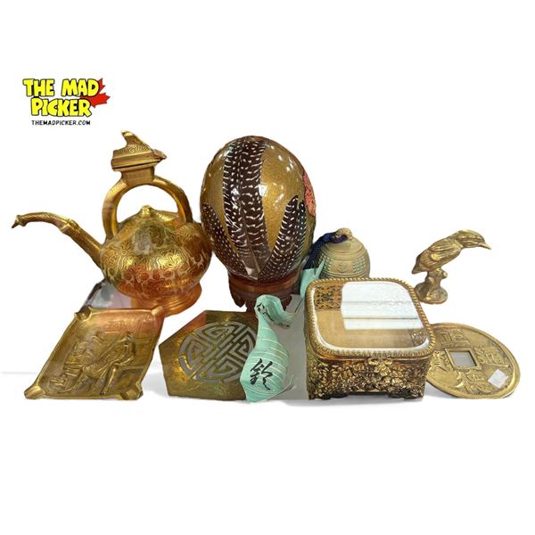 Vintage Variety: Brass Collectibles, Painted Style Egg, Glass Top Jewelry Box, & More