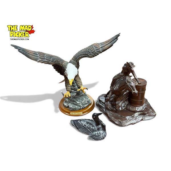 3x Collectible Figurines: Bald Eagle, Ducks, & Cowboy On Horseback