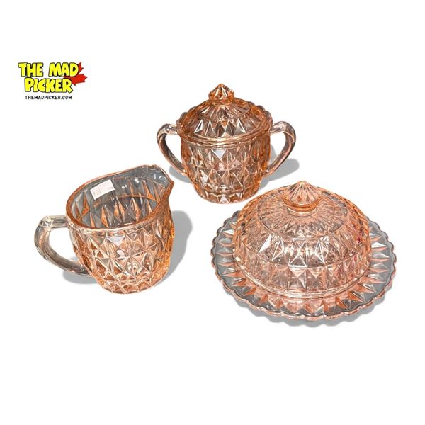 4x Vintage Glassware Collectibles: Depression Pink Creamer, Sugar, Butter Dish, & Yellow Bowl