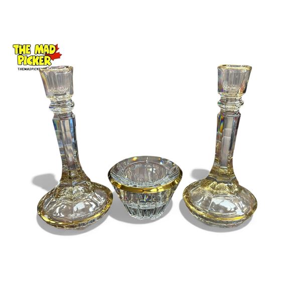 3x Gold Rimmed Glass Collectibles: Candle Stick Holders & Bowl