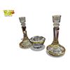 Image 4 : 3x Gold Rimmed Glass Collectibles: Candle Stick Holders & Bowl