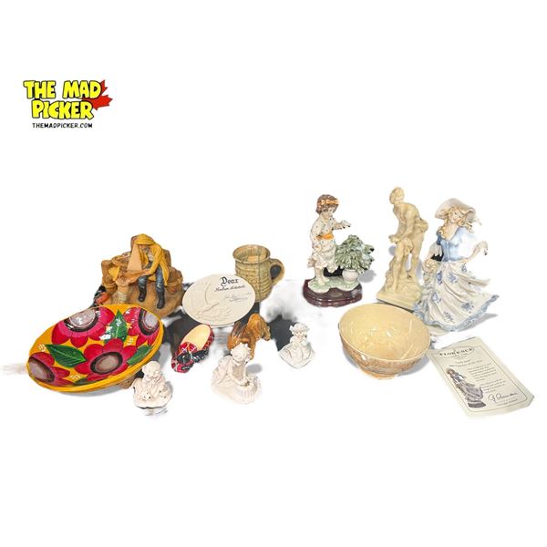 Assorted Collectibles: Resin Figurines, Bowls, Pottery Mug, & More