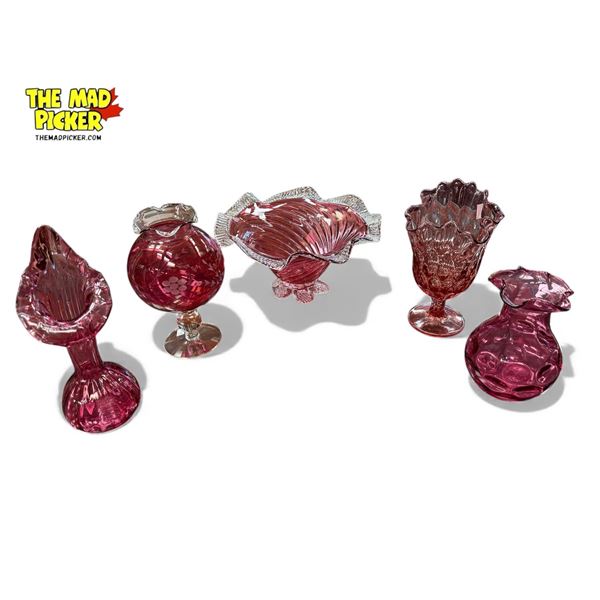5x Vintage Cranberry Glass Collectibles: Vases & Bowl