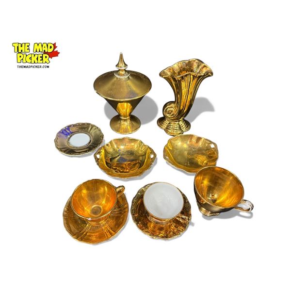 10pcs Of Vintage Lustre Ware: Vase, Teacups, SAucers, & Bowls