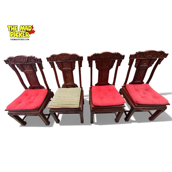 4x Vintage Chinese Rosewood Dining Chairs With Koi Fish, Duck, & Floral Details