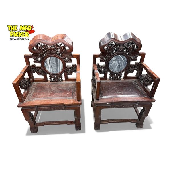 2x Vintage Chinese Rosewood Stone Inlay Arm Chairs (Heavy)