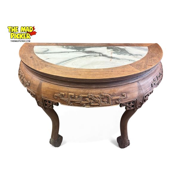 Vintage Chinese Stone Inlay Wooden D-Table