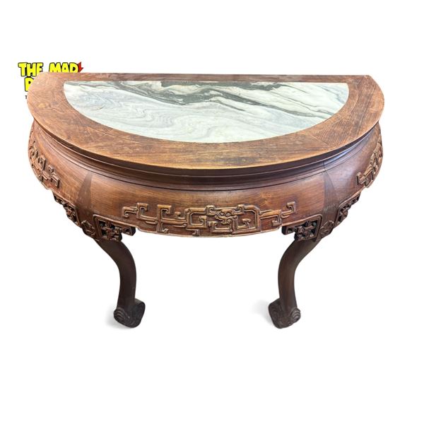 Vintage Chinese Stone Inlay Wooden D-Table