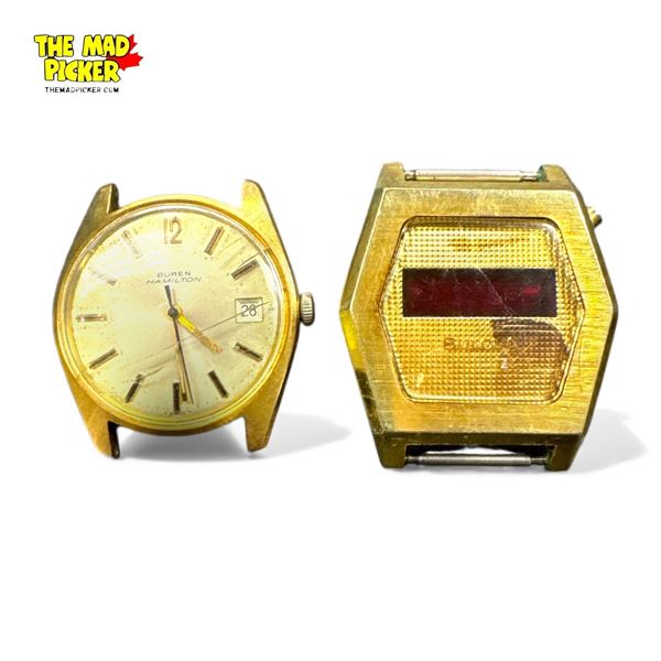 Buren Hamilton H62 Automatic & Bulova Gold Tone Computron LED Watches