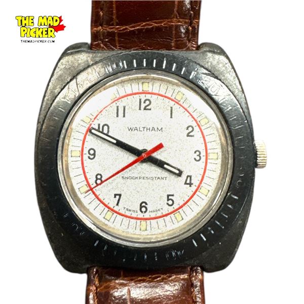 1960's Waltham Skin Diver Watch w Brown Leather Strap  In Working Condition