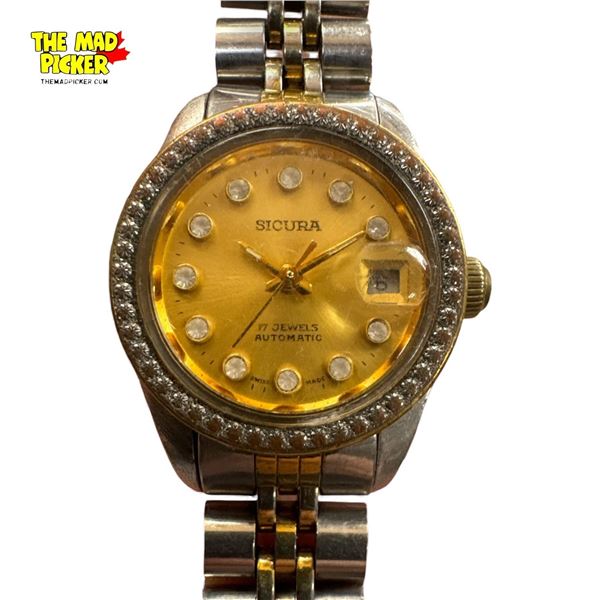 Vintage Sicura 17 Jewels Automatic Women's Watch w Two Tone Stainless Steel Bracelet Working
