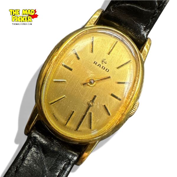 Vintage Rado 396.5109.2 Gold Tone Hand Winding Watch w Black Leather Strap Working