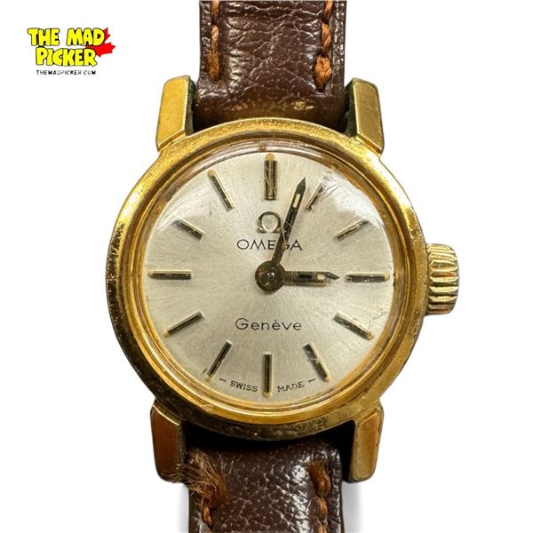 Omega Geneve Lady's Wristwatch w Gold Plated Case & Brown Leather Strap Working