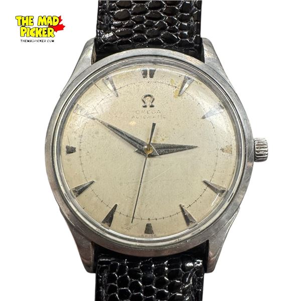 1950's Omega Seamaster Wristwatch w Stainless Steel Case & Black Leather Strap  Needs Repair