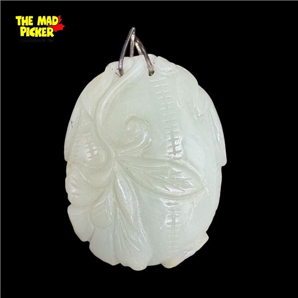 Hand Craved White Nephrite Jade Pendant w Peony Motif
