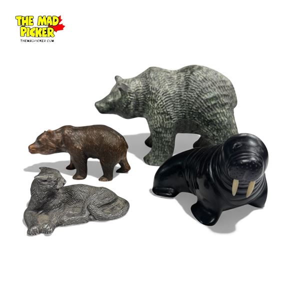 Collection of 4 Carved & Cast Animals: Soapstone Bear, Pewter Cougar, Bronze Bear & Boma Walrus