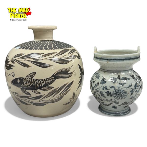 Cizhou Type Chinese Vase 9" Tall &Vintage Chinese Porcelain Tea Caddy  6.5" Tall