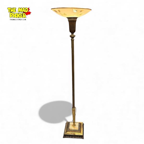 Vintage Brass Torchiere Floor Lamp w Floral Print Glass, Brass Construction & Part Marble Bass 63"
