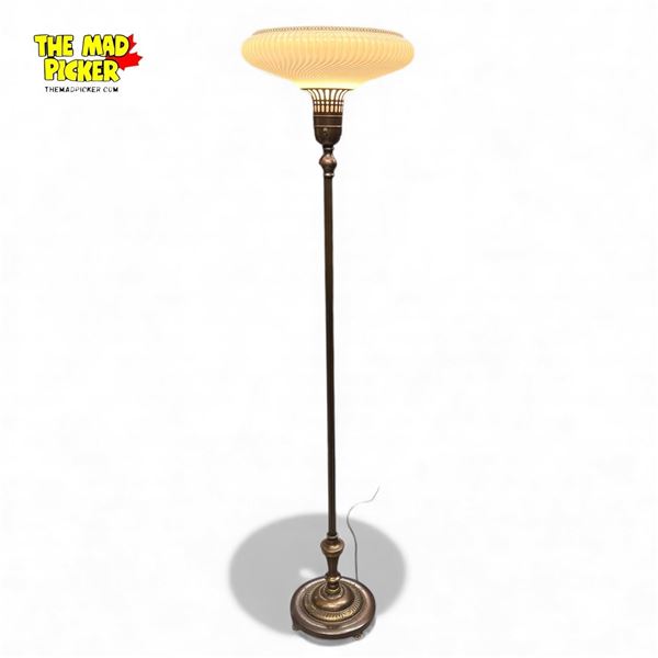 Vintage Bronze Torchiere Floor Lamp w Beautiful  Frosted Glass Shade 65" Tall