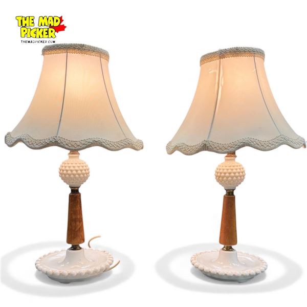 Pair of Vintage White Hobnail mile Glass Table Lamps w Wood Stem and Fabric Shade 17" Tall
