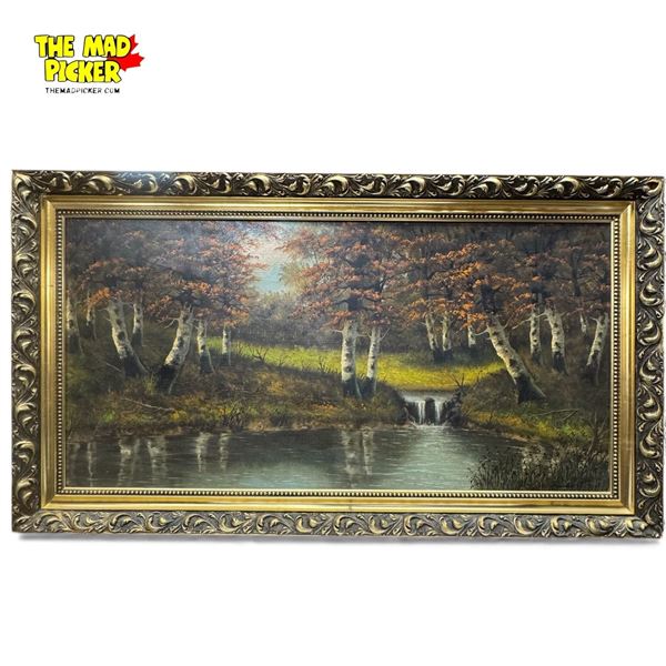 Large Original Painting on Canvas Artist Signed by In Heavy Gilded Wood Frame 55x30"